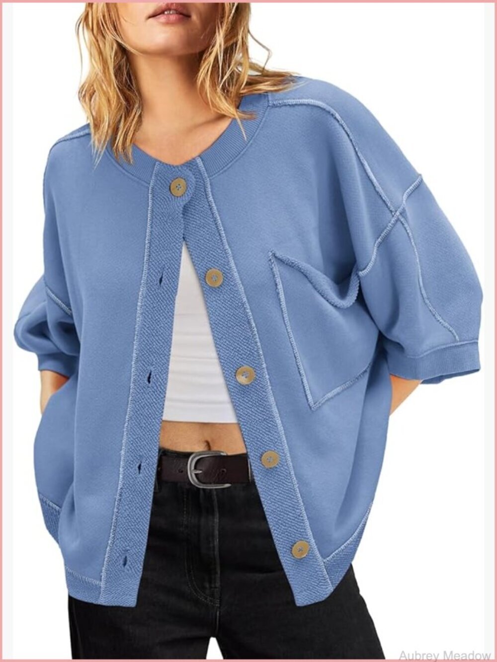 3/4 Sleeve Crewneck Sweatshirt Cardigan Button Down with Pockets